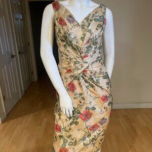 50'S VINTAGE CEIL CHAPMAN FLORAL BROCADE METALLIC TWIST SHEATH DRESS SZ 6-8